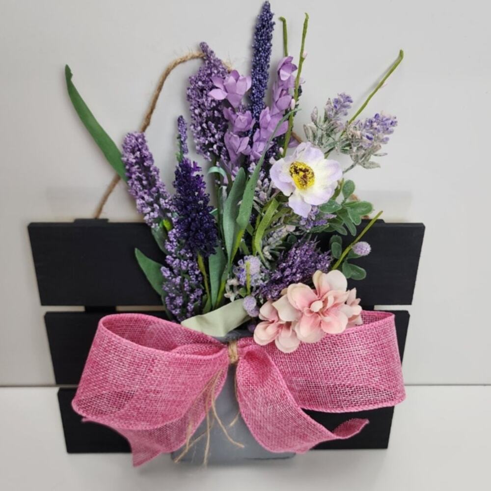 Spring Wooden Bouquet Lavender Wild Flowers Pink & Twine Bow Hanging Door Sign